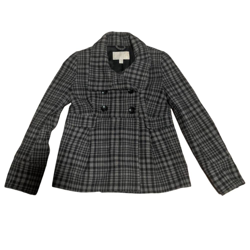 Old Navy Charcoal and Light Gray Plaid Pea Coat